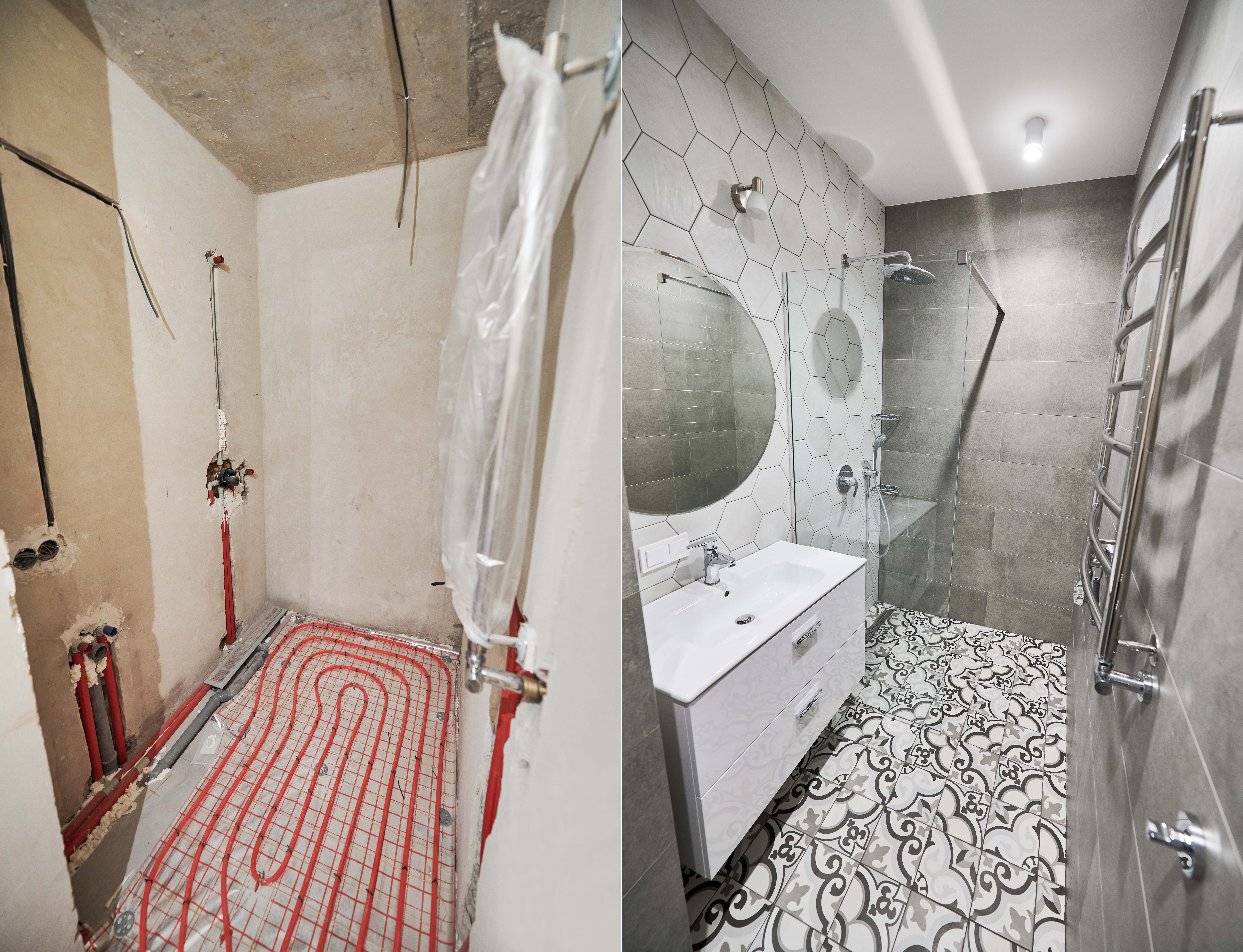Side-by-side of unfinished bathroom with radiant floor heating and completed bathroom with tile floors.